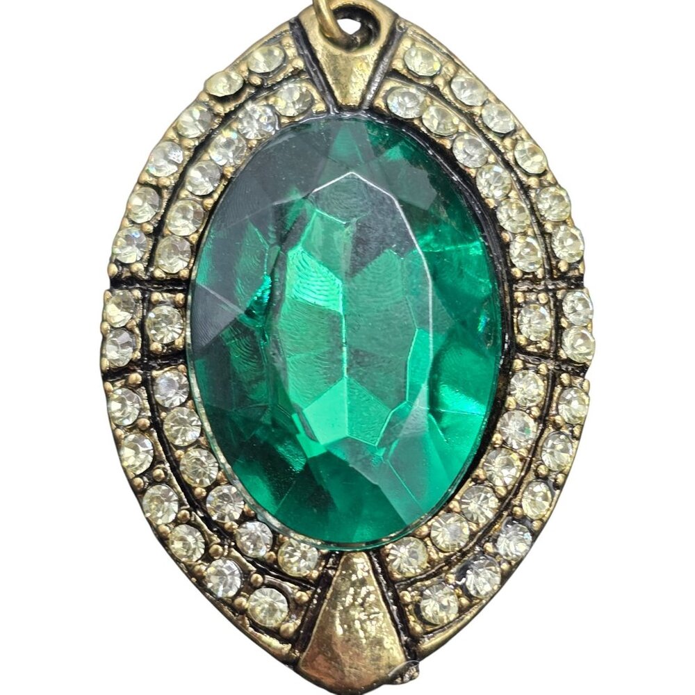 Vintage Gold-Tone Dangling Earrings With Emerald Green Rhinestones & Crystal Acc - Picture 2 of 8